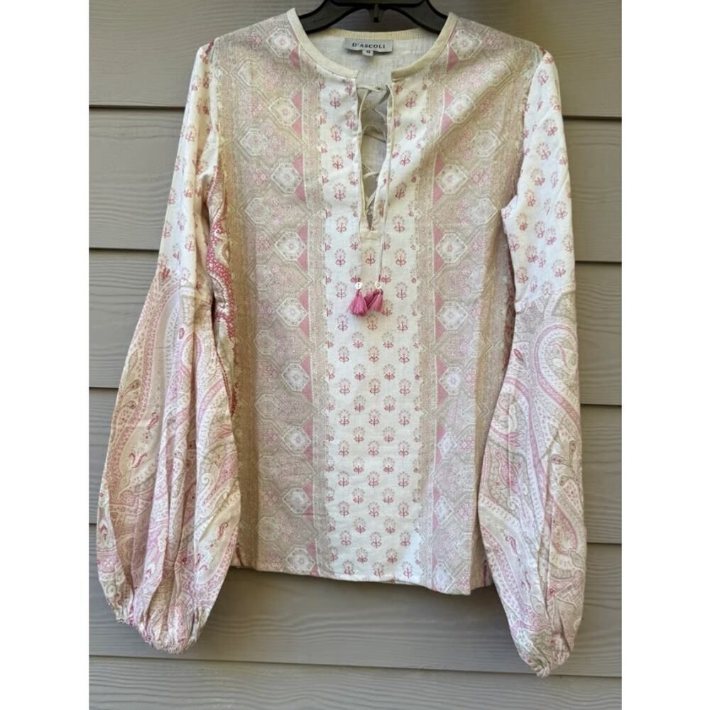 D’ascoli Clarita Long Sleeve Boho Cotton Top Cream Pink Women’s Size M